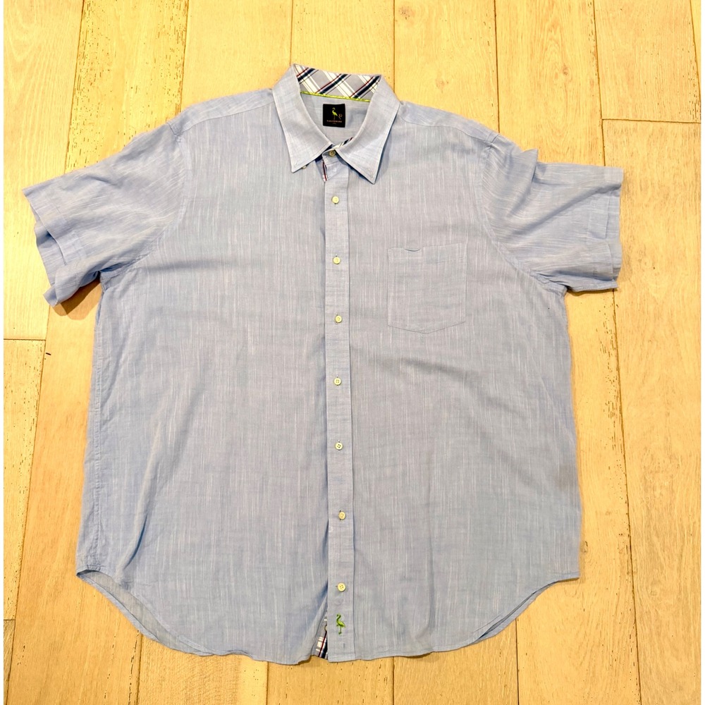 Tailorbyrd Mens Light Blue Slub Short Sleeve Button Down Shirt 2XL Plaid Trim